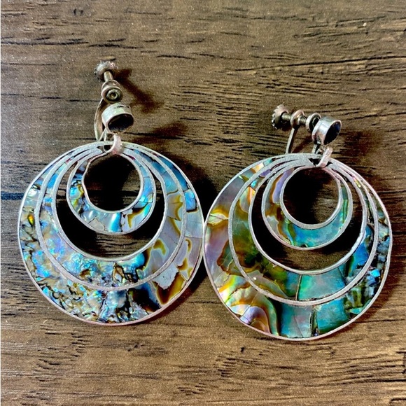 Taxco Jewelry - Taxco 1950’s Sterling Silver & Abalone Round Cut-Out Screw Back Earrings Signed